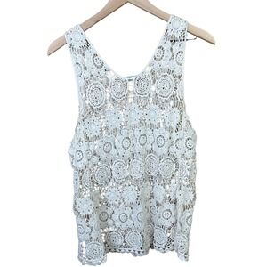 Solitaire Womens Large White Sleeveless Summer Resortwear Boho Cover-Up Top